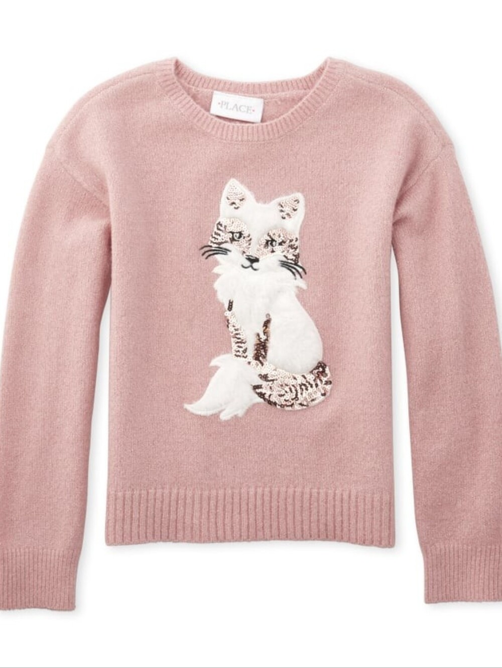 Childrens Place Girls Faux Fur Embellished Fox Pink Sweater Size Large(10/12)